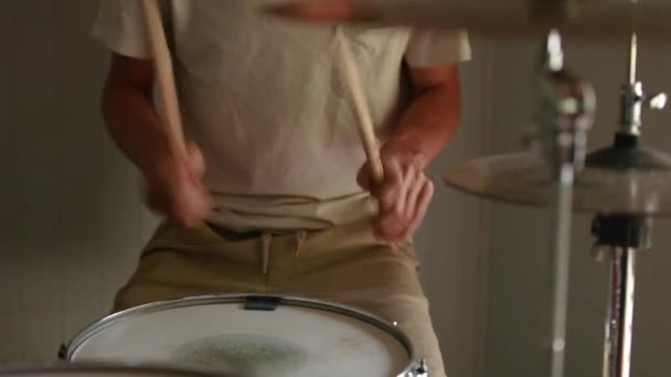Young Drummer Practicing Various Rudiments His Drum Kit — Wideo stockowe