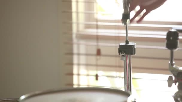 Drummer Installing Hat Cymbal Stand Hat Stand Natural Light Entering — Stock video