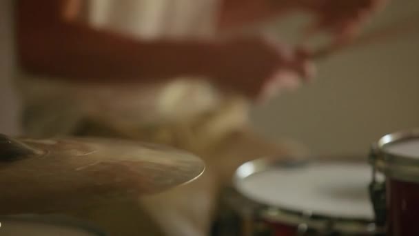Drummer Holding Beat Home Drum Kit Natural Light Entering Window — Vídeo de Stock