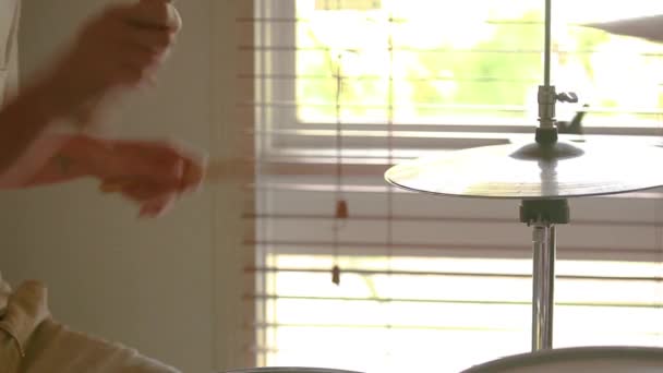 Drummer Practicing Rudiments Beautiful Natural Light Coming Window — Stok video