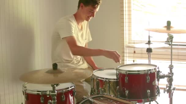 Drummer Tuning Drum Skins Ready Practice Natural Light Entering Room — Wideo stockowe