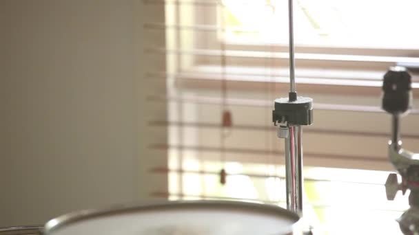 Drummer Installing Hat Cymbal Stand Hat Stand Natural Light Entering — Stock video