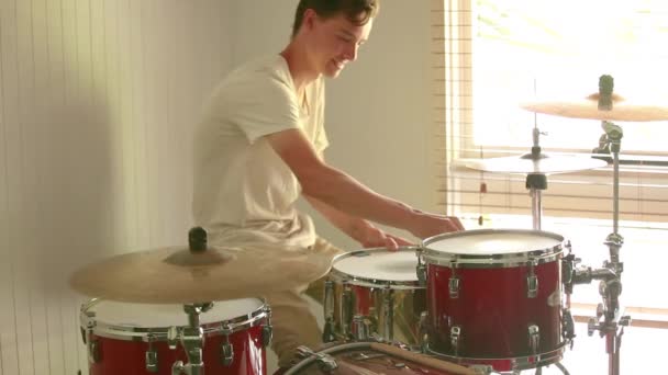 Drummer Preparing Drum Kit Tuning Skins Ready Practice Natural Light — Stockvideo