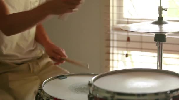 Drummer Practicing Ghost Note Rudiments Natural Light Coming Window — Vídeo de Stock