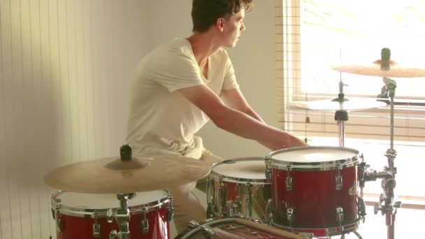 Drummer Tuning Drum Skins Ready Practice Natural Light Flooding Room — Stok video