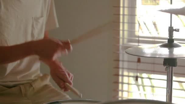 Drummer Practicing Rudiments His Home Drum Kit Natural Light Coming — Stock video