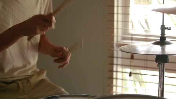 Drummer Practicing Drum Beat Rudiments Natural Light Pouring Window Glass — Stock videók