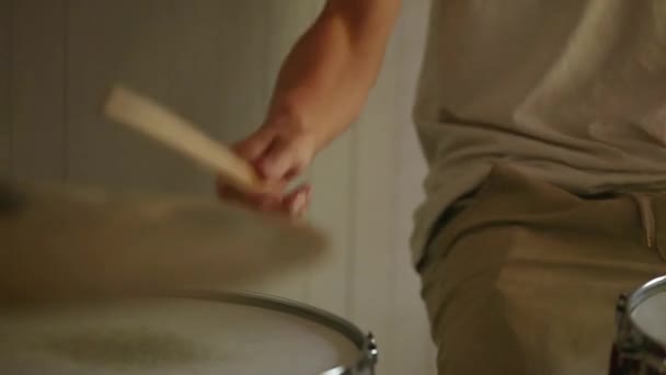 Drummer Practicing Rudiments Ride Cymbal Soft Focus Beautiful Natural Light — Stock Video