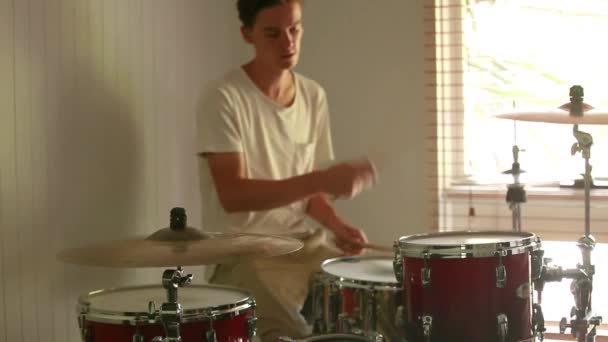 Wide Shot Drummer Holding Beat Home Drum Kit Natural Light — Video Stock