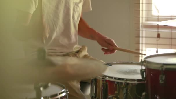 Drummer Practicing Rudiments Drum Kit Foreground Gradient Natural Light Entering — Stockvideo