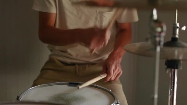 Young Drummer Guy Practicing Rudiments His Drum Kit — Stock video