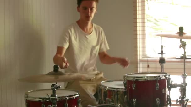 Wide Shot Drummer Holding Beat Home Drum Kit Perfect Shadow — Stockvideo