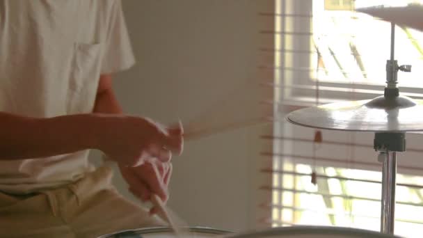 Drummer Practicing Drum Beat Rudiments His Drum Kit Natural Light — Stock videók