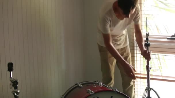 Drummer Moving Drum Equipment Get Perfect Spot — Stock video