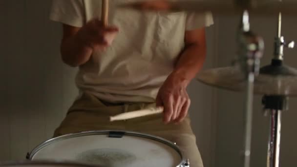 Young Drummer Practicing Rudiments His Drum Kit Fast Forward — ストック動画