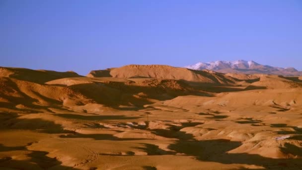 Panning Medium Shot Dry Desert Landscape Snow Covered Mountains Background — Stock video