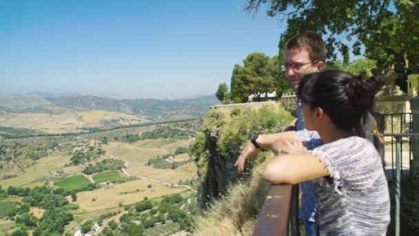 Woman Boyfriend Points Balcony Viewpoint Landscape Ronda Spain — Vídeo de stock