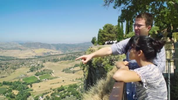 Man Points Out Something Woman Famous Tourist Vista Ronda Spain — Vídeo de Stock