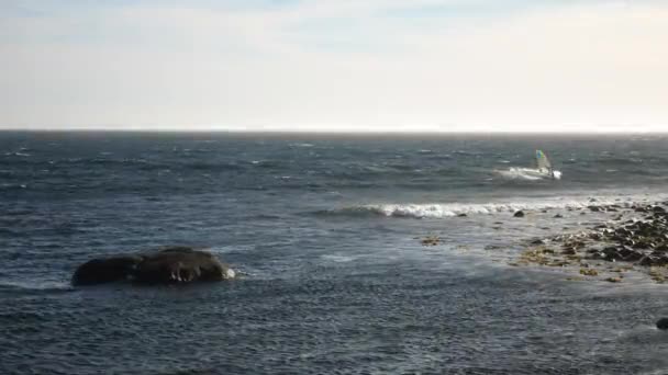 Static Shot Norwegian Windsurfer Surfing Wave North Sea Atlantic Ocean — Stock video