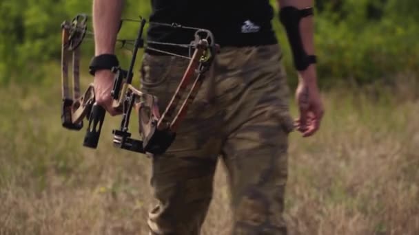 Lower Torso Shot Bow Hunter Gets Closer Camera Close Compound — Stock Video