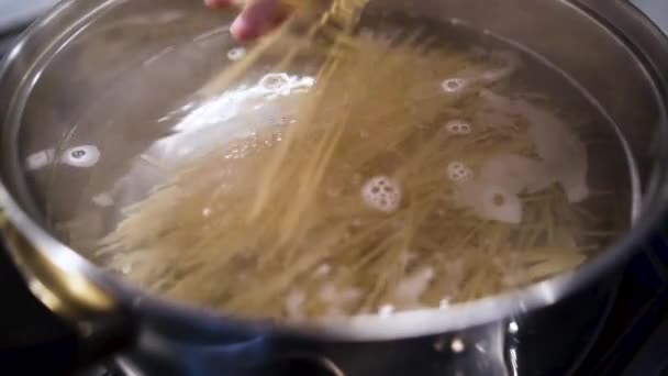 Падіння Жменьки Локшини Спагетті Каструлю Киплячою Водою Повільному Русі — стокове відео