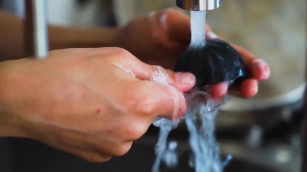 Woman Washing Spoon Kitchen Sink Slow Motion — Video Stock