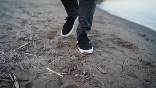 Close Man Feet Walking Beach Slow Motion — Stock video