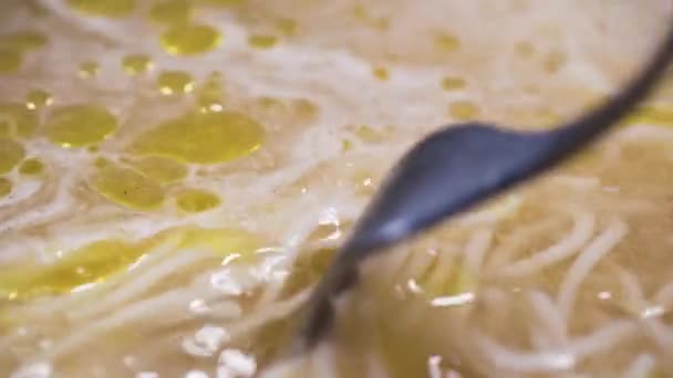 Close Chef Stirring Oil Pot Soup Slow Motion — Vídeos de Stock