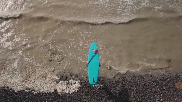 Birds Eye View Man Walking Pebble Sea Paddle Board Balanced — 비디오