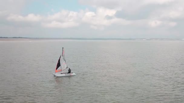 Man Sailing His Catamaran Sea Drone Pans Out Reveals Beautiful — Stock videók