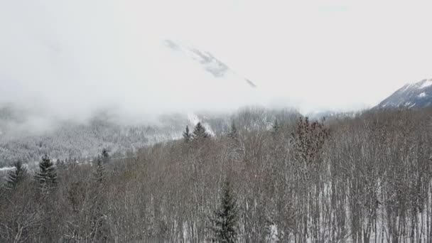 Drone Shot Descending Starting Mountains Low Cloud Revealing Snowy Alpine — Vídeo de Stock