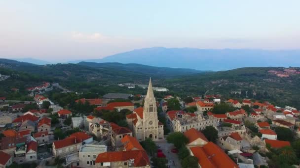 Descending Aerial View Nicholas Church Selca Croatia Europe — Stock Video
