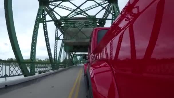 Pov Red Truck Crossing Bridge — Wideo stockowe