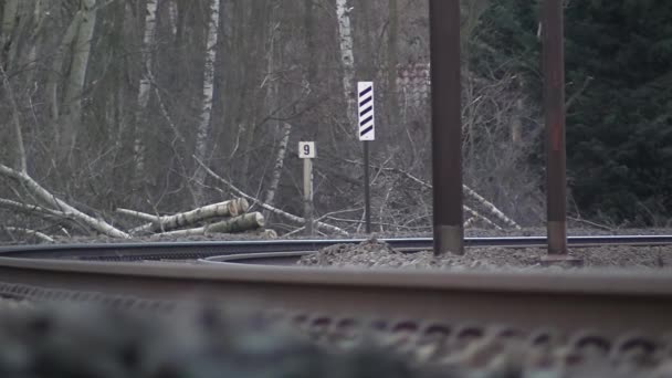 Light Out Focus View Train Undercarriage Slowly Passing Low Angle — Stockvideo