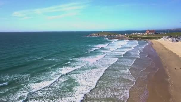 Wide Drone Shot Surfers Waiting Waves Break Fistral Beach — Stockvideo