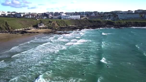 Amateur Surfers Struggling Swim Waves Wide Drone Shot — Stock video