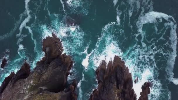 Sea Waves Crashing Dark Rocks Seagulls Flying Drone Shot — Vídeo de Stock