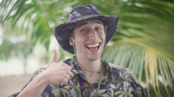 Tropical Park Ranger Explorer Giving Big Thumbs Smiling Enthusiastically Very — Stockvideo