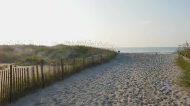 View Beach Access Rising Dunes Reveal Ocean Sunrise Lens Flare — Stockvideo