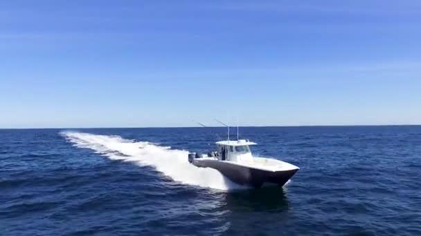 Tracking Boat Open Ocean Using Drone Bright Sunny Day — Stock video