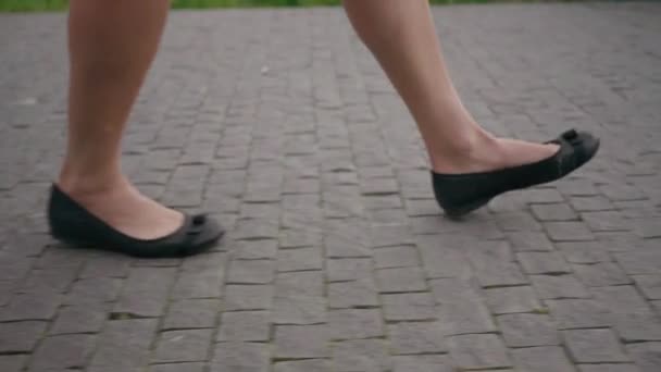 Detail Follow Shot Women Legs Walking Ballerinas Grey Pavement Right — Wideo stockowe