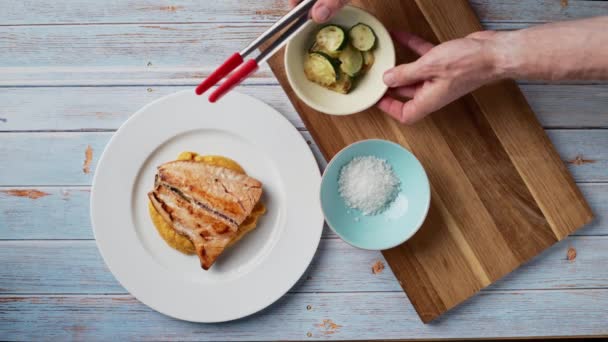 Top View Serving Healthy Mashed Sweet Potato Coconut Milk Grilled — Vídeo de Stock