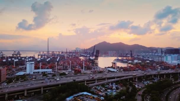 Aerial Sunset View Hong Kong Kwai Chung Container Terminal Highway — Video