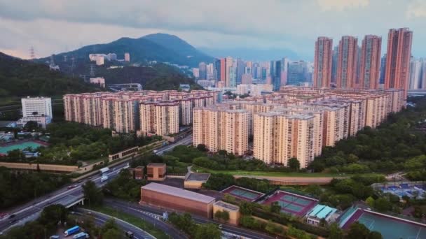 Aerial View Hong Kong High Rise Residential Buildings Mei Foo — Stockvideo