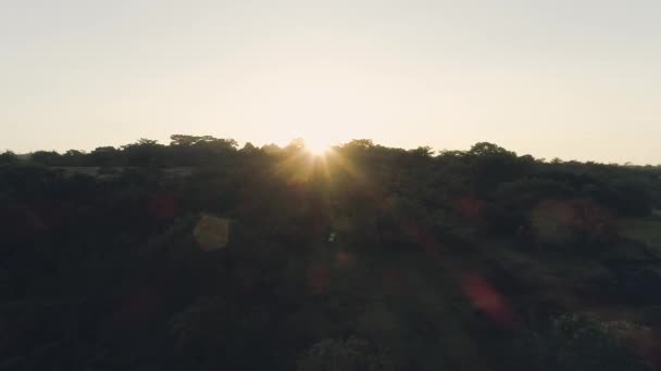 Drone Footage Landscape Field Revealing Sun Glare Sunrise — стоковое видео