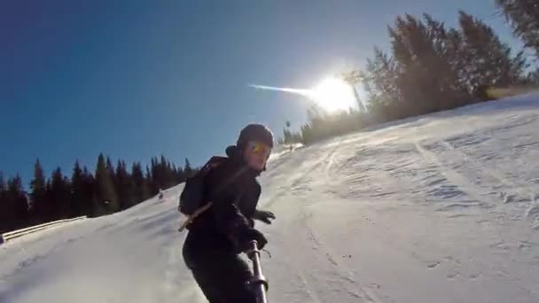 Front View Snowboarder Going People Selfie Stick Clear Day — Stock videók