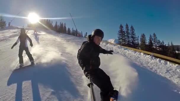 Front Action Cam View Snowboarder Going Mountain Slow Motion Clear — Vídeos de Stock