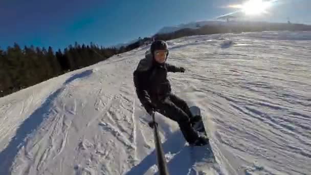 Front View Snowboarder Going High Speed Jumping Slow Motion Clear — Video Stock