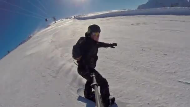 Front View Snowboarder Going Mountain Making Snow Waves High Speed — Vídeos de Stock