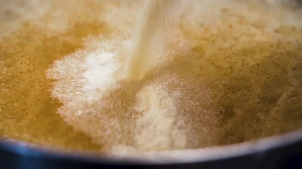 Chef Adding Bunch Spices Pot Soup Slow Motion — стоковое видео